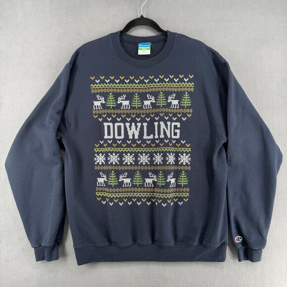 Champion Eco Fleece Dowling Fair Isle Winter Crewneck Sweatshirt L Pullover Blue - Picture 1 of 9